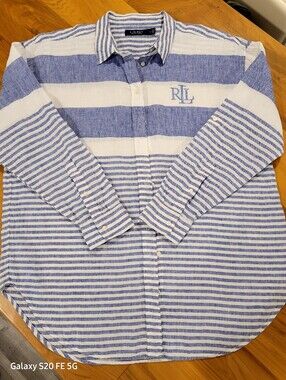 Ralph Lauren Striped Button-Up Shirt/ Tunic in Blue & White 100% Linen